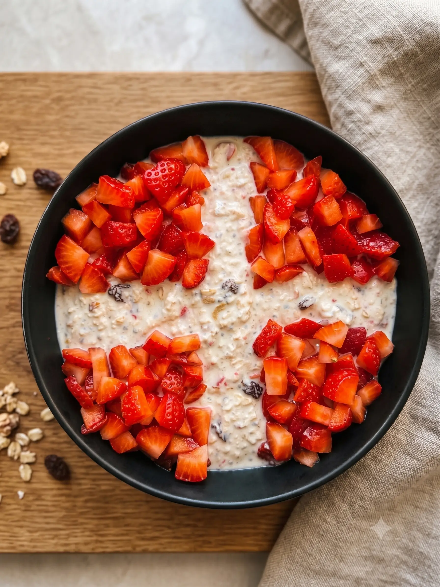 Protein-Birchermüesli mit Erdbeeren als Schweizerkreuz