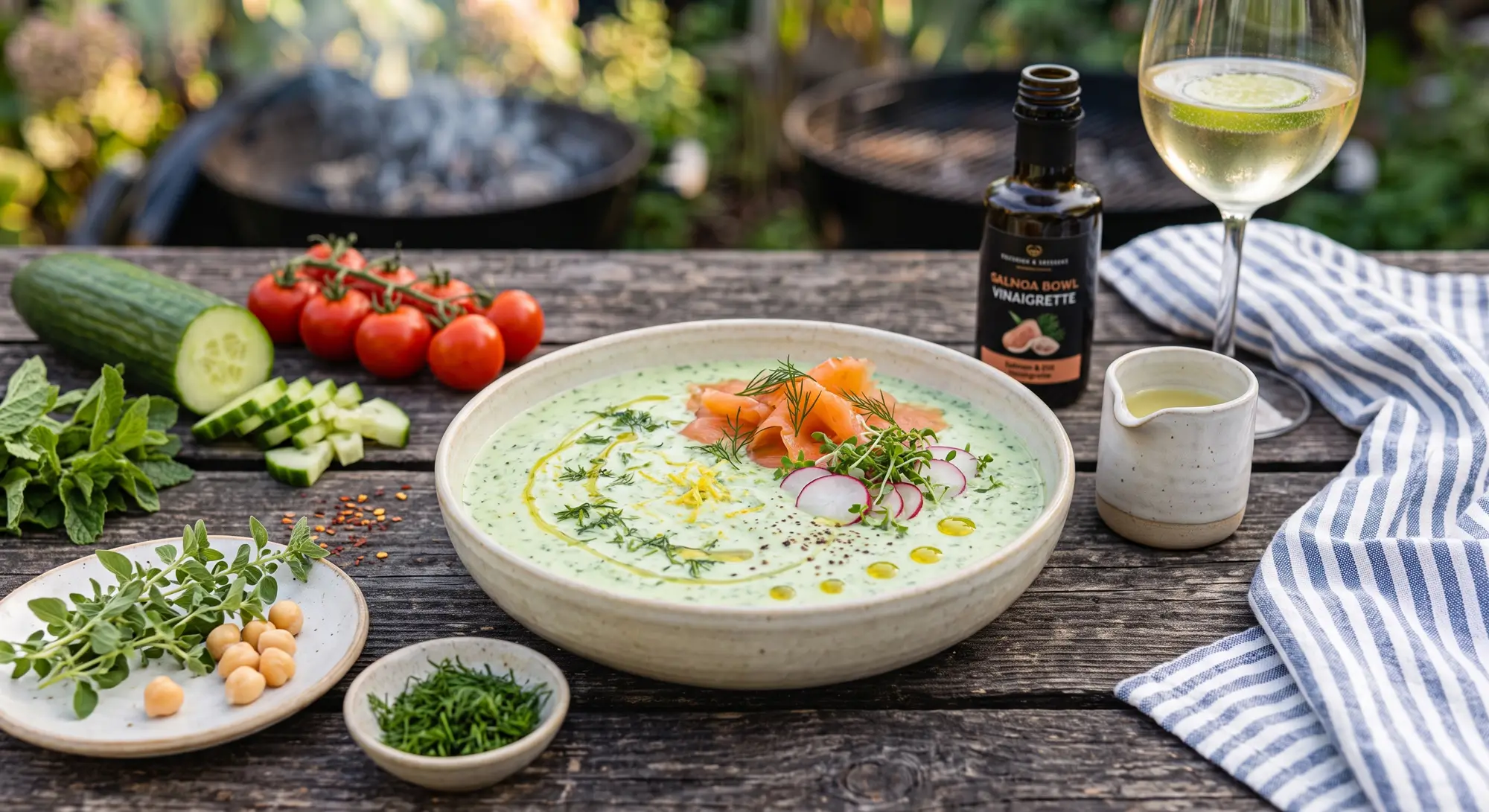 Kalte Gurken-Joghurt-Suppe mit geräuchertem Lachs